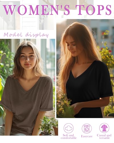 Huukeay 3 Pack Women's Oversized T Shirts, V Neck Loose Fit Rolled Sleeves Tops Cotton Shirts Summer Half Sleeves Tee3