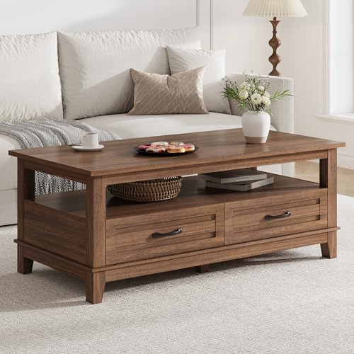 GarveeHome Farmhouse Coffee Table with Drawers, 47.2 in Center Table