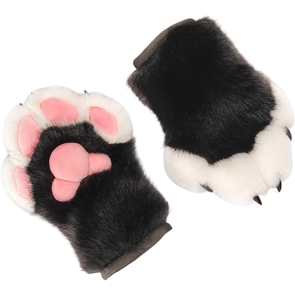 Fituenly Furry Cat Paw Gloves Cosplay Fursuit, Plush Full Finger Animal Mittens for Adults, Halloween Dress Up Costume Accessories