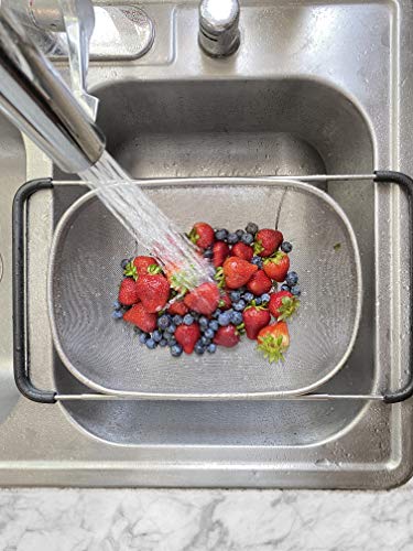 Makerstep Over The Sink Colander Strainer Basket Stainless Steel, For Kitchen Sink With Rubber Grip, Fine Mesh, Large Kitchen Gadgets Tools, Expandable Sink Strainer Home Kitchen Essentials #TOP6