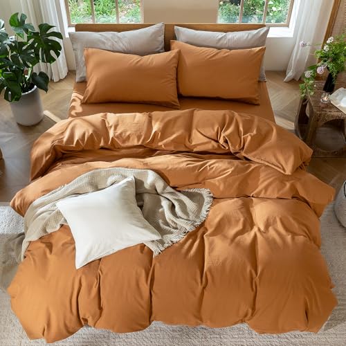 Image of MooMee Duvet Cover Set 100% Washed Cotton Linen Like Queen | Relaxed Linen-like Texture. Soft, Breathable & Long-lasting Comfort. Lightweight. Hidden Zipper with 8 Interior Corner Ties