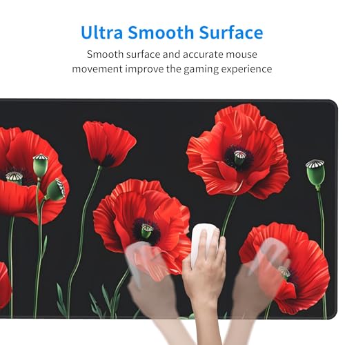 Image of Red Poppy Background Extended Gaming Mouse Pad, with Stitched Edges Large Mouse Pad Desk Protector, Rubber Base Mousepad Keyboard Mouses Mat for Work Game Office Home- 32 inch X 12 inch Inch,E93