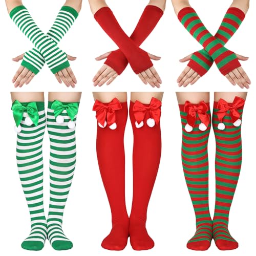 Image of Coume 3 Sets Christmas Knee Thigh High Socks Arm Warmer Fingerless Gloves Xmas Striped Thigh High Stockings for Women Cosplay Party