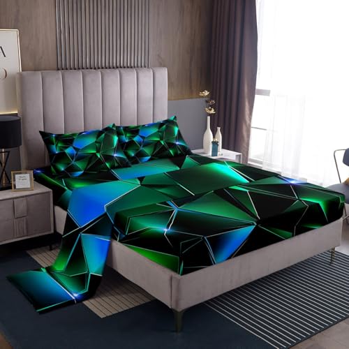 jejeloiu Honeycomb Boys Bed Sheets Set Twin Size, Kids Ombre Green Fitted Sheet for Girls Teens, Abstract Geometric Bedding Set Breathable Soft Lightweight Microfiber Room Decor 3Pcs