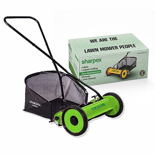 Sharpex Push Manual Lawn Mower with Grass Catcher | 16-Inch Reel Lawn Mower with 5-Position Height Adjustment | Classic Push Grass Cutter Machine for Home Garden and Yard (Green)