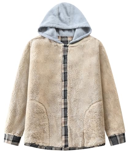Image of Men's Cotton Plaid Shirt Jacket Fleece Flannel Sherpa Button Down