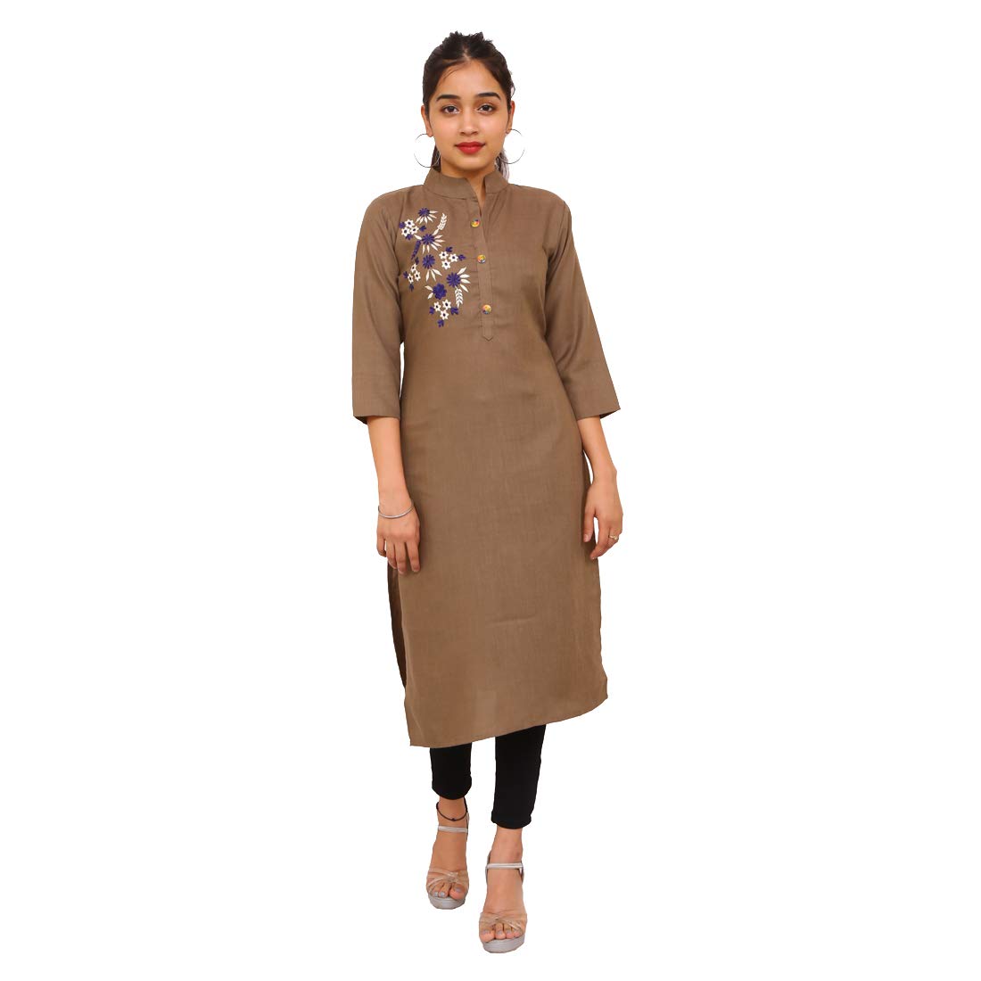 Shimmery Wardrobe Women's Rooby Slub Light Brown Embroidered Casual Straight Long Kurti