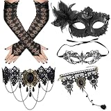 GANBDONGH 5 PCS Halloween Gothic Masquerade Costumes Accessories Set for Women，Party Mask Set Black Lace Mask Eyemask Gloves Bangle Necklace for Halloween Cosplay Party