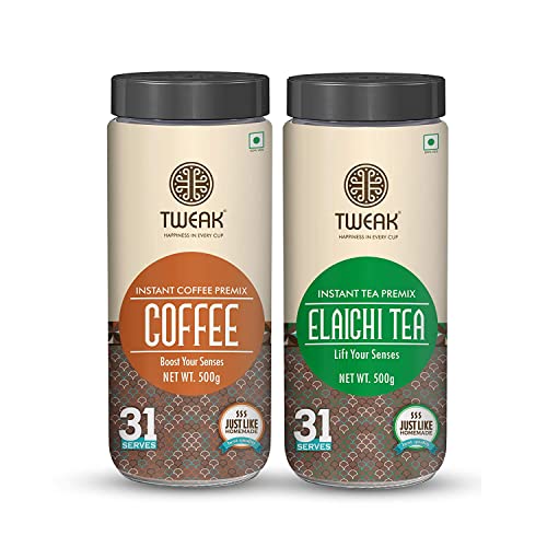Image of TWEAK Instant Coffee Premix & Elaichi Tea Premix 500g x 2 Jars Combo Pack | 3 In 1 Rich & Creamy | Just Add Hot Water | No Milk Required |Instant Beverage Mix for Home, Office & Travel