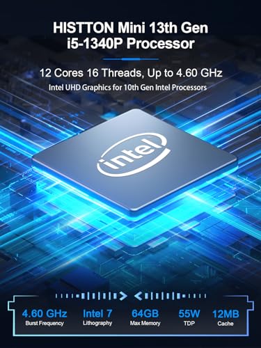 Image of HISTTON Mini Computer Windows 11 Pro, 13th Gen Mini PC, Intel Core i5-1340P, 32GB RAM 1TB NVME SSD, 4K Triple Display, WiFi6, BT5.2, USB3.0, TPM2.0, Wake on LAN, Auto Power On, Mini Desktop PC