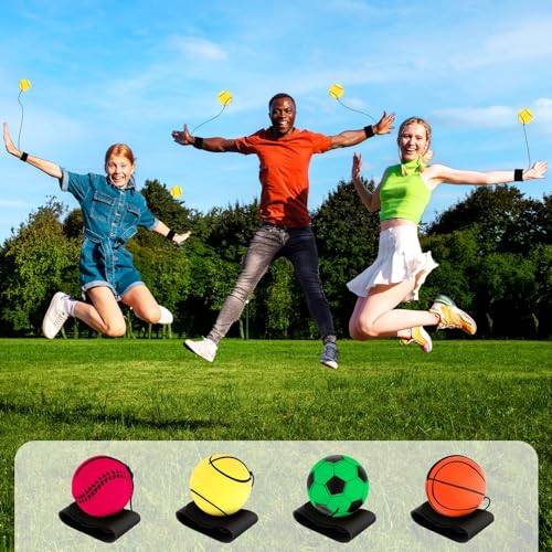 4 Stück Handgelenk Return Ball Mit Schnur - Springball für Kinder und Erwachsene - Gummi Rebound Ball für Spielen und Handgelenkübungen