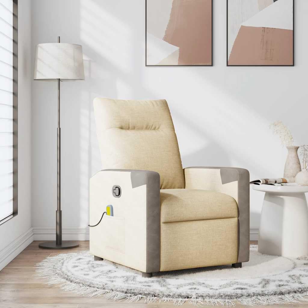 Massagesessel Creme Stoff mit 6-Punkt-Vibrationsmassage, Verstellbarer Rückenlehne 135 Grad, Holz Metall Gestell, Polster Lounge Sessel, ergonomisch bequem für Wohnzimmer, Büro