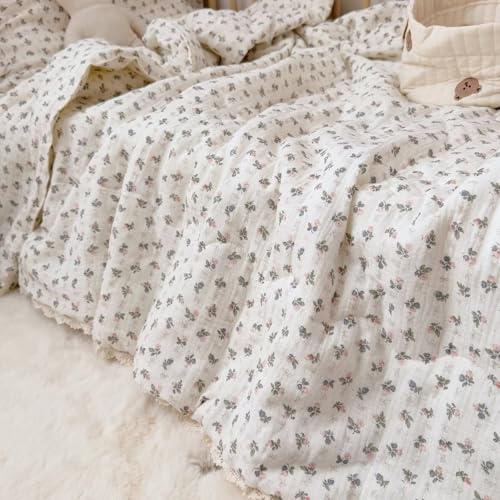 Image of BuLuTu Pink Bellflower Print Muslin Cotton Quilted Blanket for Girls Boys Lightweight Soft Crib Blankets Toddler Comforter for Toddlers Kids Children, All Seasons, 47x59 Inches