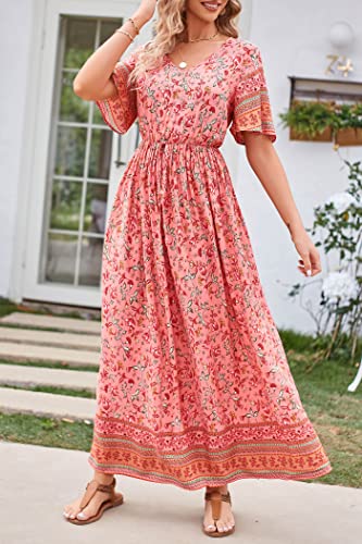 Image of PRETTYGARDEN Women's Casual Summer Boho Floral Print Dress V Neck Short Sleeve High Waist Long Maxi Beach Dresses