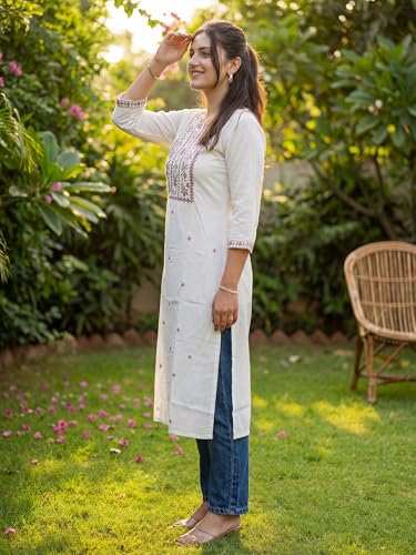 Image of INDO ERA Women's White Viscose Rayon Straight Embroidered Kurta