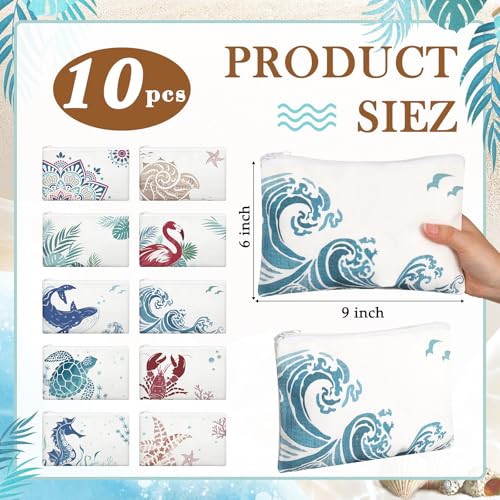 Kacctyen 10 Pcs Beach Makeup Bags Bulk Zipper Pouch Canvas Beach Themed Cosmetic Bags for Women Cruise Ship Essentials Sea Summer Vacation Organization Cruise Party Favors Bridesmaid Wedding2