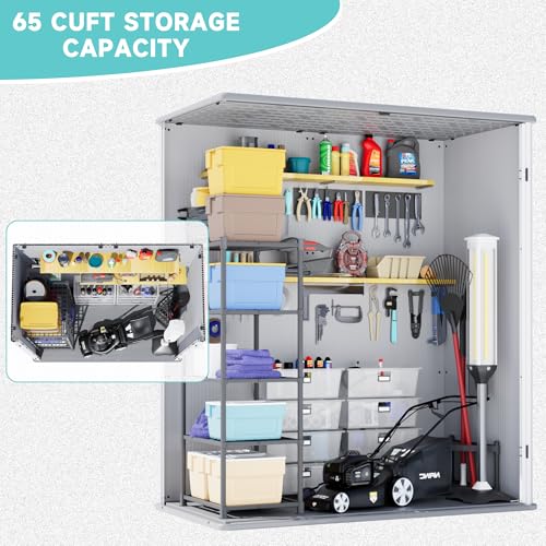 Image of Greesum 5x3FT Plastic Outdoor Storage Shed with Floor, Light Gray | All-Weather Resin Sheds with Lockable Doors, Easy Assembly Tool Shed for Yard, Patio, Garden (4.7x2.5FT)