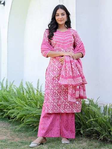 Image of Amayra Women's Pure Cotton Printed Straight Kurta Set with Palazzo Pants & Dupatta- Ethnic Wear