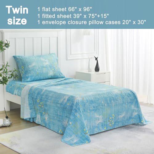Image of JSD Blue Floral Print Twin Sheet Set Deep Pocket | 3 Piece Soft Botanical Microfiber Sheets, OEKO-TEX Certified, Easy Care