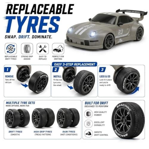 Image of Royal Cellar RC Drift Car 1:24 Scale 4WD | 20KM /H High-Speed Remote Control Car with LED Lights | 2.4GHz Rechargeable Drift Racing Car with Extra Tires & Cones | Gift Boys & Girls (POR)