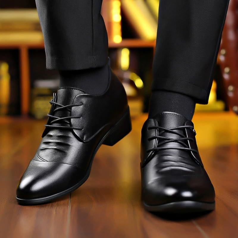 Mens Genuine Leather Elevator Dress Shoes - Pointed Toe Style