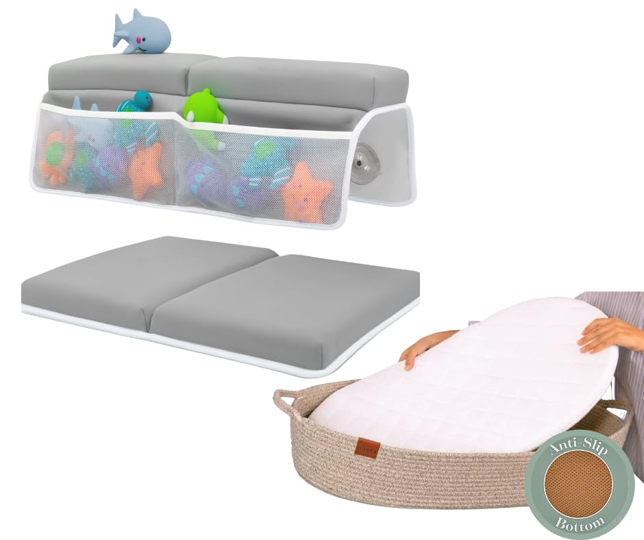 Image of Bath Kneeler and Elbow Rest Pad (Grey) and Baby Changing Basket with Anti Slip Bottom Bundle