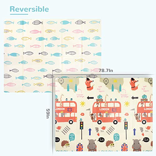 Baby Reversible Play Mat 78.7inchx 59inchx0.4inch Double-Sided Crawling Mat Foldable Waterproof Non-Toxic Portable Non-BPA Floor Mat for Toddlers, Infants, Kids