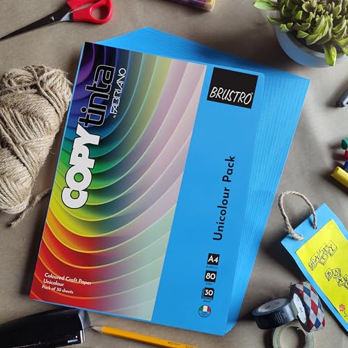 Image of BRUSTRO Copytinta Coloured Craft Paper A4 Size 80 GSM Bright Blue Shade (Azzurro), 60 Sheets Pack | Double Side Colored, Ideal for Origami, Scrapbooking, Making Card, DIY Art & Craft.