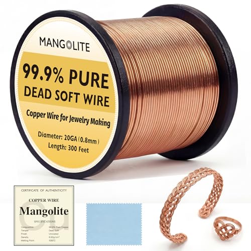 Mangolite 20 Gauge/0.8mm Copper Wire for Gardening & Jewelry 300 Feet 1 Pound Spool with Polishing Cloth & COA 99.9% Pure Dead Soft Bare & Skin Safe Uncoated Craft Wire for Beading & Fine Craft