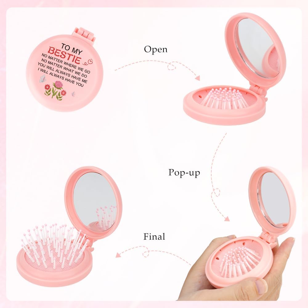 MystiCharm Mothers Day Gifts for Friends Christmas Stocking Fillers Valentine Day Birthday Graduation Easter I Love You Hallowwen Gifts Travel Folding Hair Brush with Mirror Presents for Friend Bestie image 2