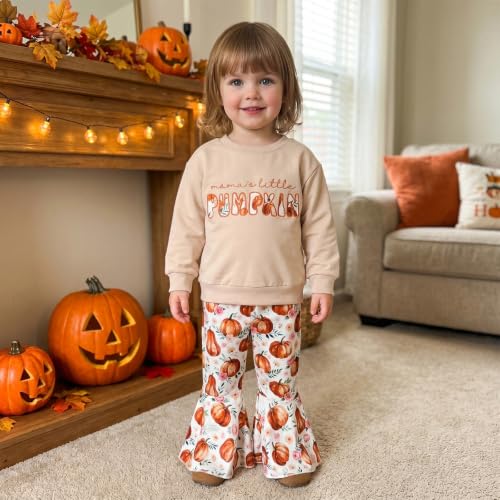 Image of Toddler Girl Halloween Outfits Pumpkin Print Top Flared Pants | Pumpkin Letter Embroidery Crewneck Sweatshirt + Flare Pants; 70% cotton, 22% polyester, 8% elastane Top; Sizes 12M-5T