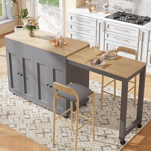LAKFEW Mesa de Bar Extensible Isla Cocina con Ruedas, Barra Cocina con 4 Puertas y 6 Compartimentos de Almacenamiento, Mueble Auxiliar Mesa Comedor Extensible, 118(180) x50x94 cm, Gris