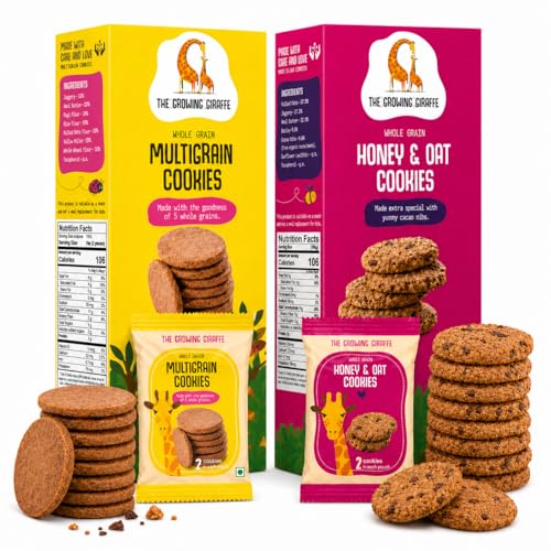 Image of The Growing Giraffe Honey & Oat and Multigrain Cookie Combo- Whole Grain, No Refined Sugar, No Maida, No palm oil, Nut-Free, Healthy Biscuits with jaggery and butter for Kids & Grown-Up Adults - Pack of 2