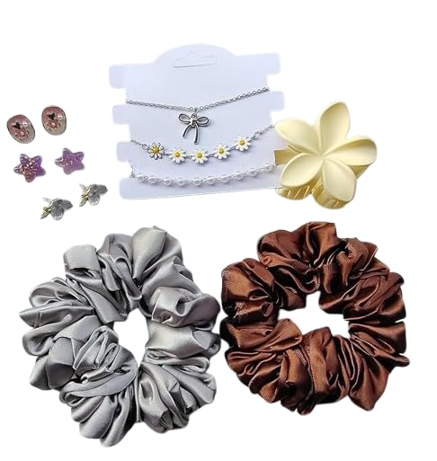 Image of Hamper Trendy Braclates Chain |Set of 3| Accessories, Set of 2 XL Satin Scrunchies, Flower Claw Clip, 3 pairs of earrings (Pack of 9)