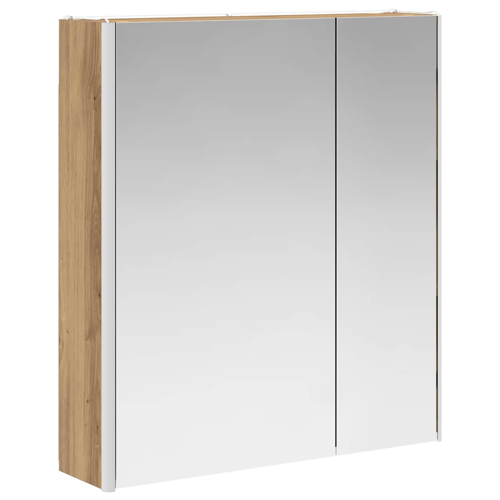 Szafka łazienkowa z lustrem, rzemiosło artystyczne, dąb drewnopochodny, 63,5 x 15,5 x 70 cm, z oświetleniem LED i miejscem do przechowywania, montaż na ścianie, regulowane półki, dwustronne
