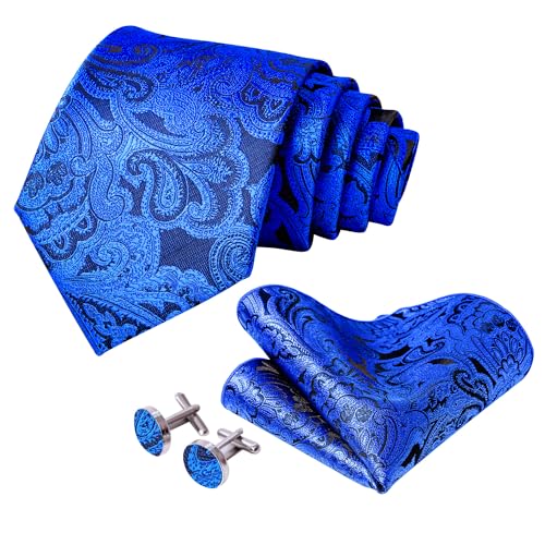 Image of 5PCS Mens Silk Tie, Pocket Square, Cufflinks, Drilled Tie Ring and Lapel Pin Set for Wedding Groom Party