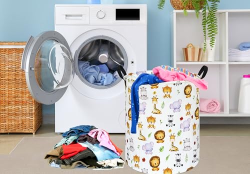 Image of Kids Laundry Hamper Clothes Gift Basket Storage Laundry Baskets Organizer Bin with Handles for Nursery Room (Tiger Animals)
