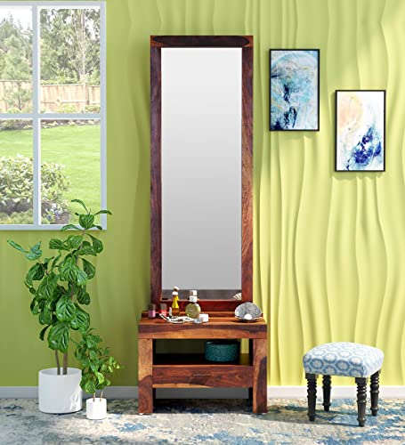 Image of Solid Sheesham Wood Dressing Table with Storate and Mirror | Dressing Table with 1 Drawer Storage (Solid Sheesham Wood, 58x35x182 CM, Wooden Finish Finish)