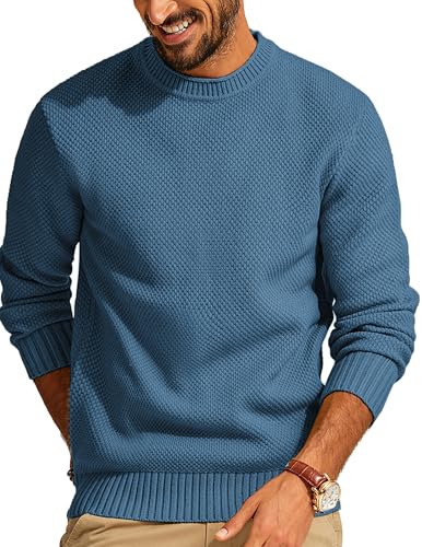 Mens Sweater Waffle Knit Crewneck Sweater Textured Long Sleeve Pullover