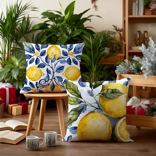 Image of Boho Summer Lemon Coastal Pillow Cover 18x18 Set of 4,Cottagecore Lemon Home Decor,Blue and Yellow Italian Botanical Fruit Decorative Lumber Throw Pillow Cover for Home Bedroom Living Room