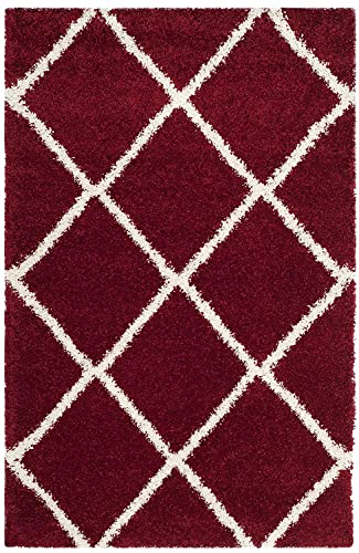 Image of Trellis Design Microfiber Hand Woven Shaggy Carpet Collection with 2 inch Pile Height Carpet for Living Room Size 8x11 feet coular Red /Ivory