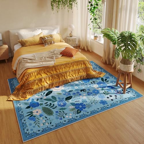 Living Room Rug 6x9 Rug Machine Washable Boho Area Rug Non Slip Floral Vintage Low Pile Large Rug for Living Room, Bedroom, Farmhouse, Dining Room, Kids Playroom(Blue)