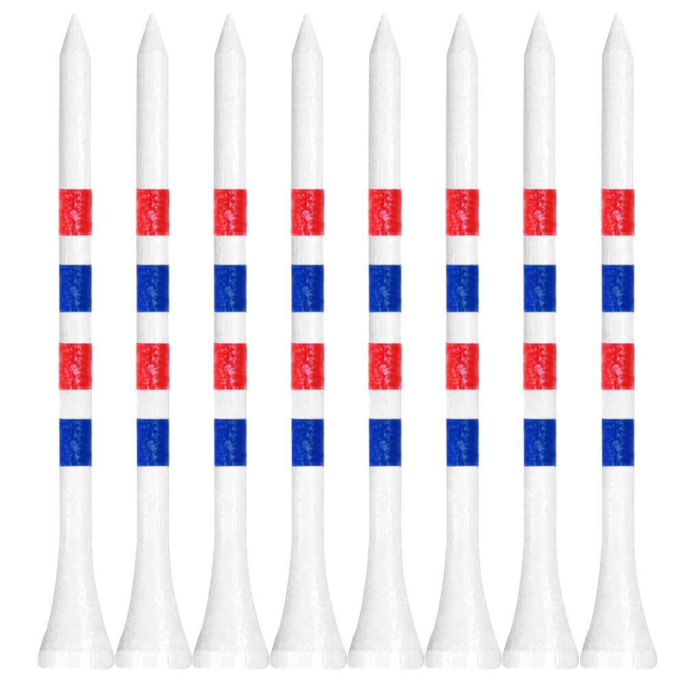 Golf Tees Wood Wooden 3 1/4" or 2 3/4" 83mm 70mm Bamboo Tees 100 Count,Golf Tees Long Short with Stripe Strong Sustainable Biodegradable Unbreakable Color White Natural (White&Blue&Red, 2-3/4'')