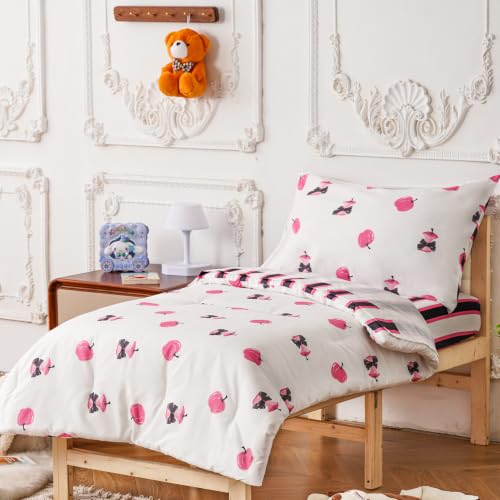 Image of CLOTHKNOW 4Pieces Pink White Apple Toddler Bedding Sets for Boys Girls | Pink Apple and Reversible Black Pink Striped Pattern, Soft Crib Bed Set