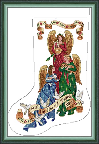 Image of CaptainCrafts Cross Stitch Kits, Counted Cross Stitch Christmas Stockings Unpreprint 14CT Fabrics Embroidery Kits for Adults Beginners (Unpreprint 14CT, Herald Angels Stocking)