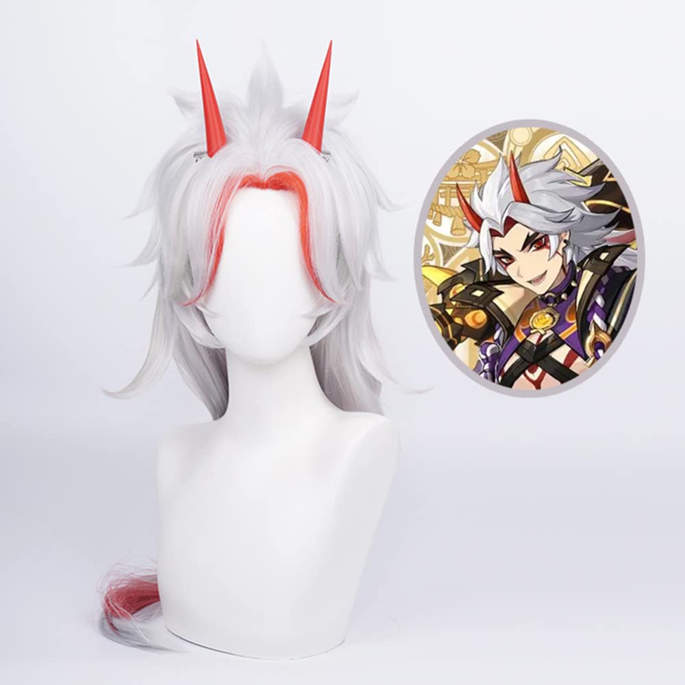 Silver White Wig Mix Red Long Straight with Horn Bangs Heat Resistant Synthetic Hairs Costume for Women Men Halloween Cos Anime Party Replacement Wigs - Image 2