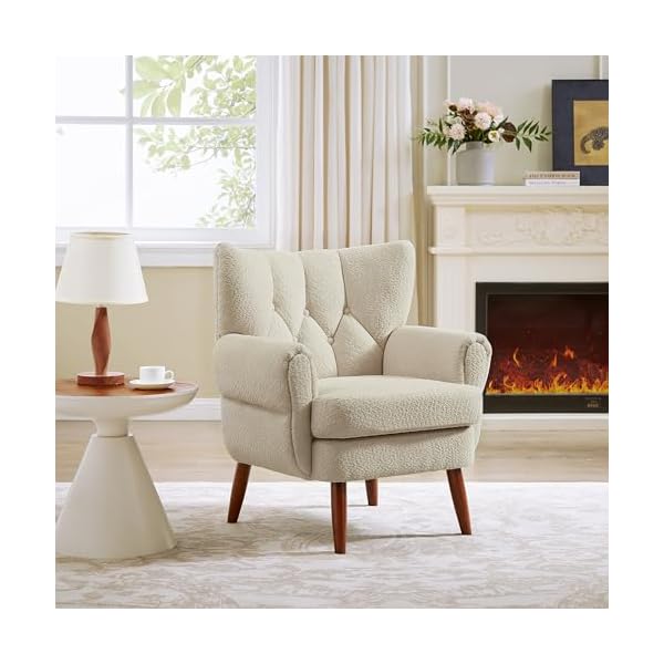 Art leon modern accent chair boucle fabric upholstered armchair single sofa chair with wood legs for living room bedroom off white  urban country home decor
