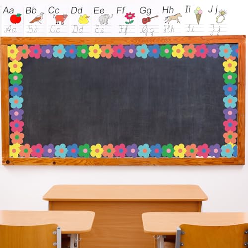Image of Whaline 32.8 Ft Y2K Flower Bulletin Board Borders Colorful Boho Floral Die-Cut Rolled Bulletin Board Trim for Back to School Classroom Office Chalkboard