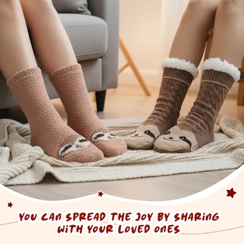 Image of Liitrsh 2 Pairs Fuzzy Slipper Socks with Grippers Animal Sock Sherpa Lining Warm Plush Animal Lover Gift for Valentine's Day