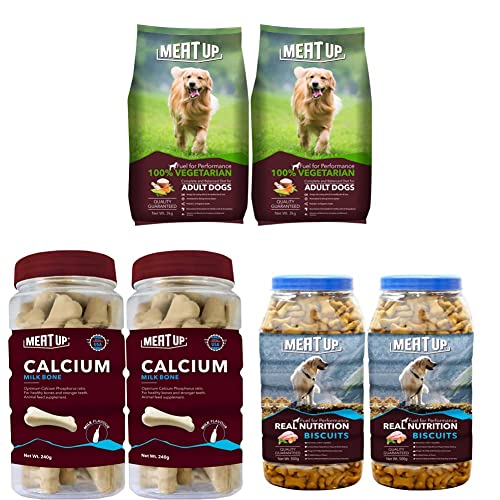 Image of Meat Up 100% Veg Adult Dry Dog Food, 3kg (Buy 1 Get 1 Free) & Chicken Flavour Real Chicken Biscuit, 500g (Buy 1 Get 1 Free) & Calcium Bone Jar, Dog Supplement Treats - 240 g, 30 Pieces